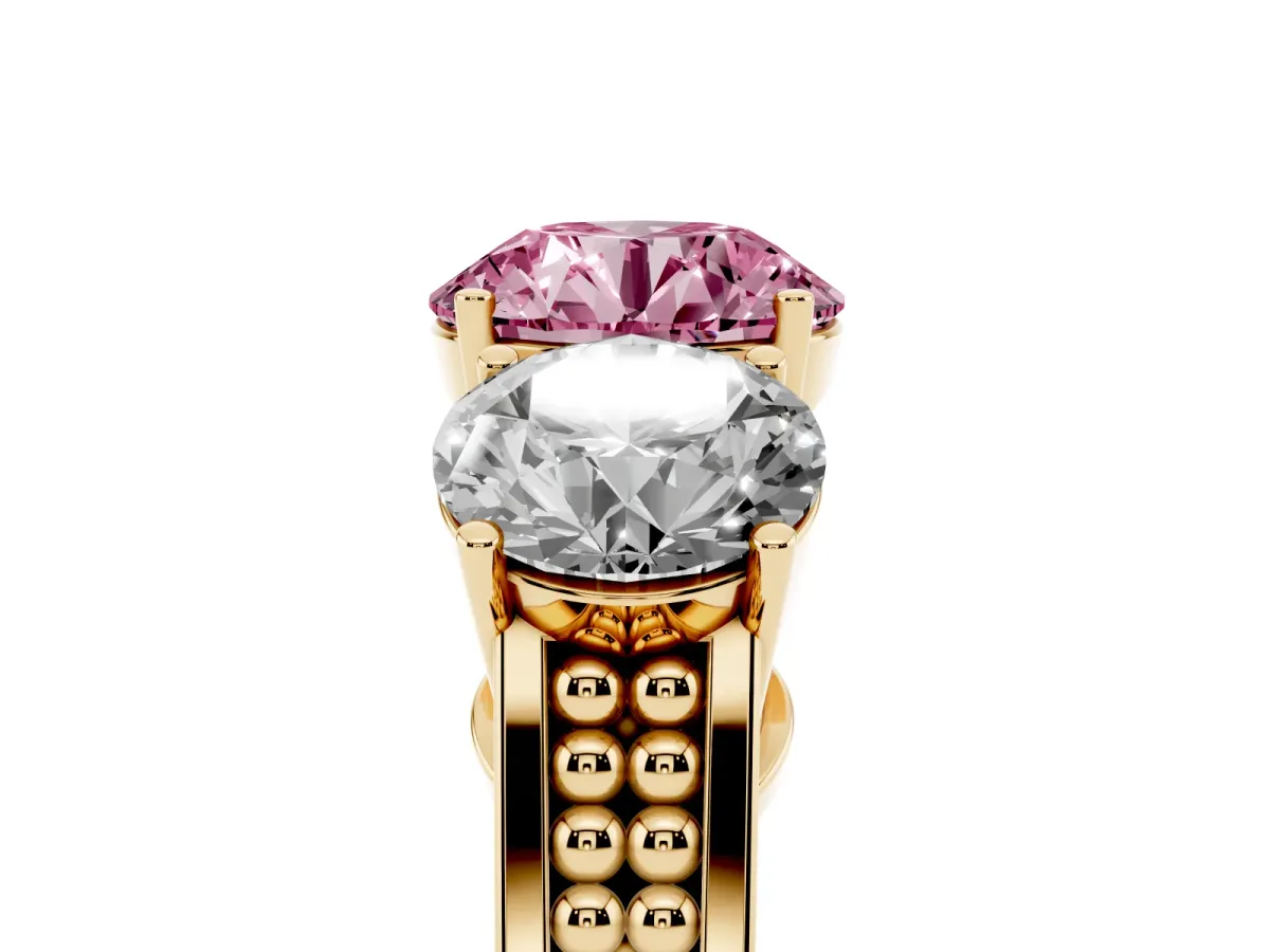 Fancy Pink Round Cut Diamond Three-Stone Ring with Prong Setting and Textured Band Yellow gold