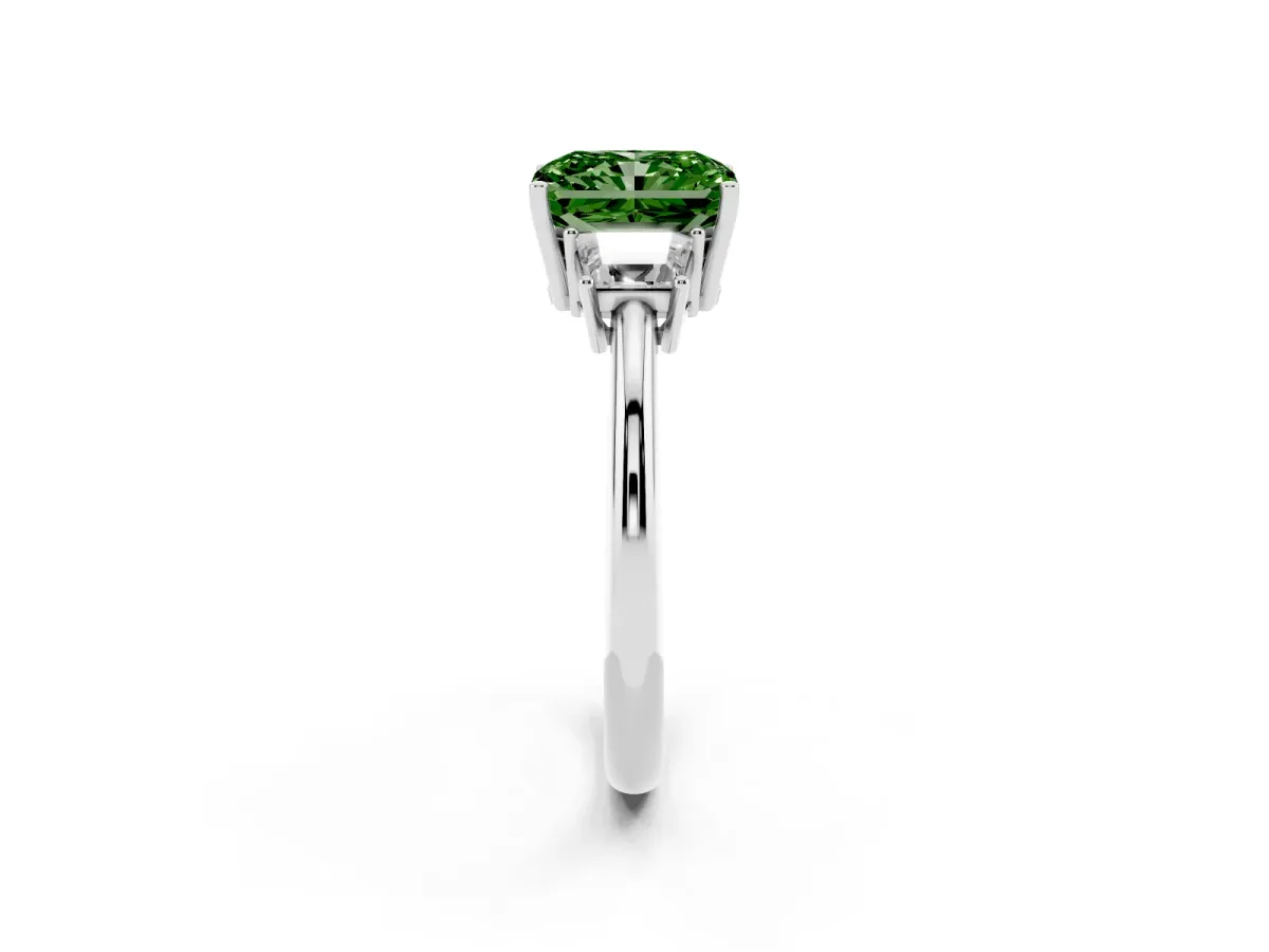 Fancy Green Radiant Cut Diamond Three-Stone Ring with Trapezoid Side Stones and Prong Setting Silver