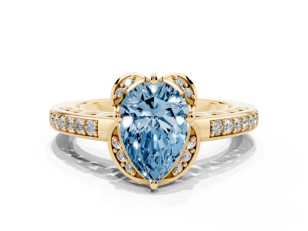 Fancy Blue Pear Cut Cut Halo Diamond Ring with Channel Set Band and Four-Prong Setting Yellow gold