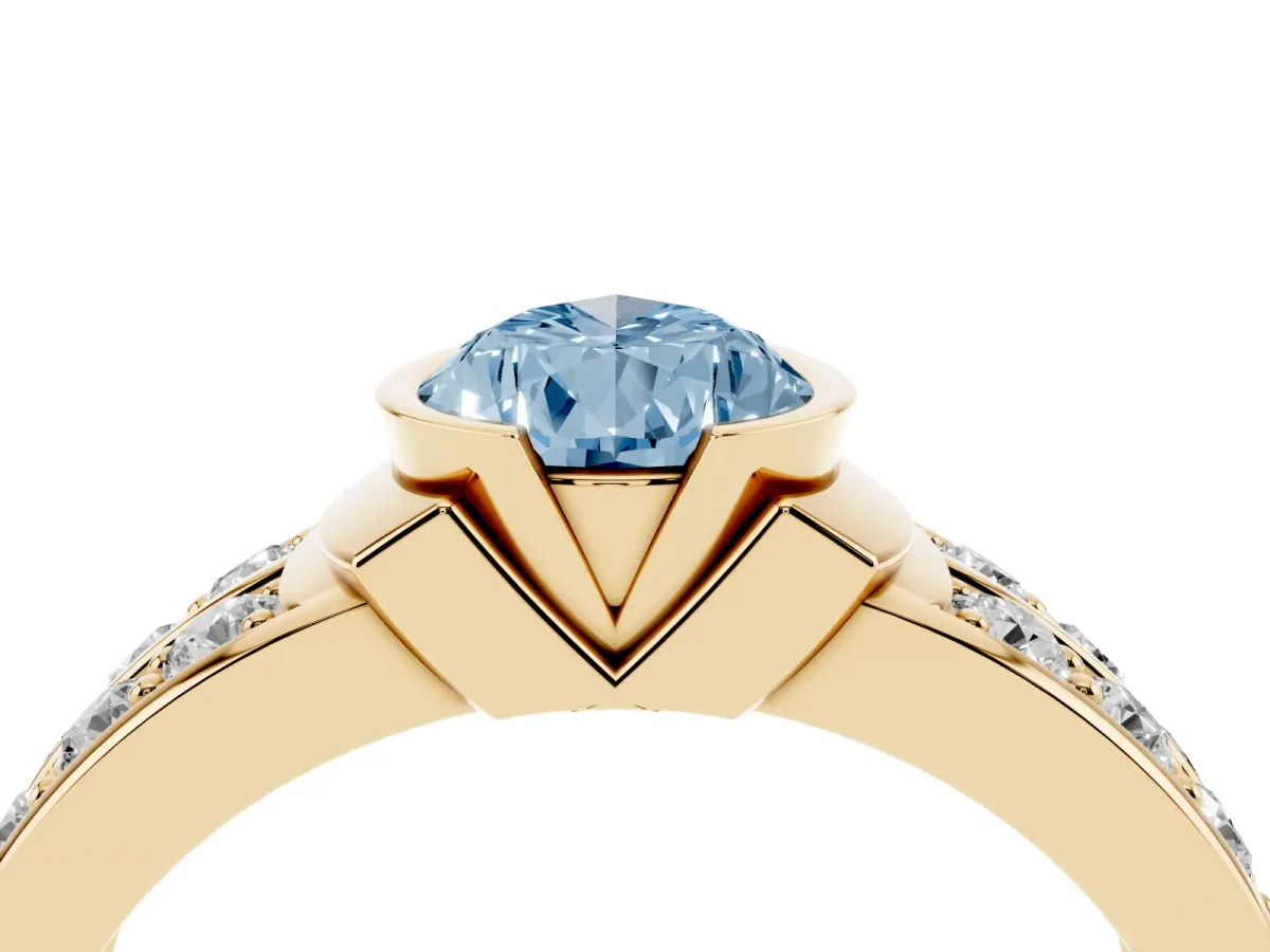 Fancy Blue Pear Cut Brilliant Diamond Channel Set Wide Band Ring with Bezel Setting Yellow gold