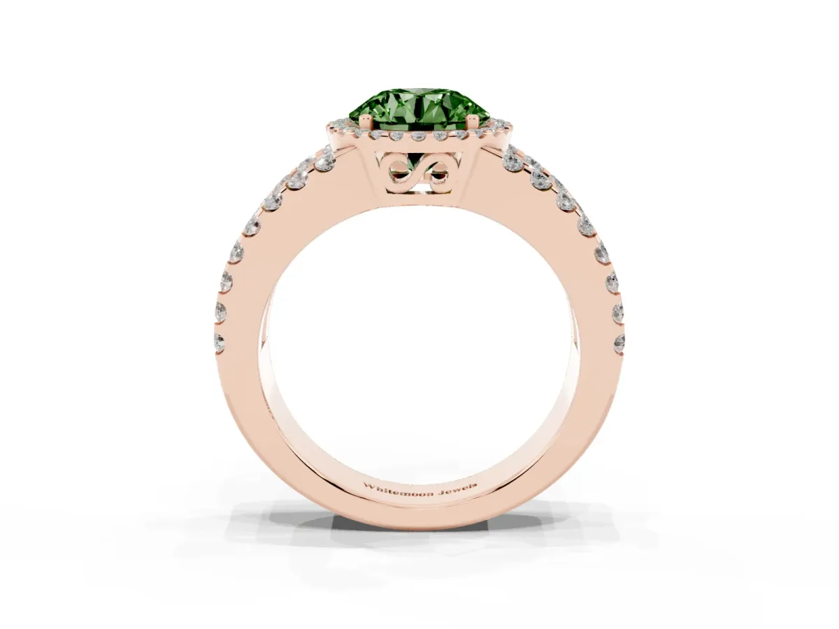 Fancy Green Round Cut Cut Halo Split Shank Diamond Ring with Four-Prong Setting Rose gold