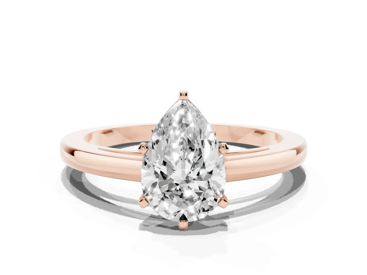 Pear Cut Solitaire Diamond Engagement Ring with Four-Prong Setting on a Classic Band Rose gold