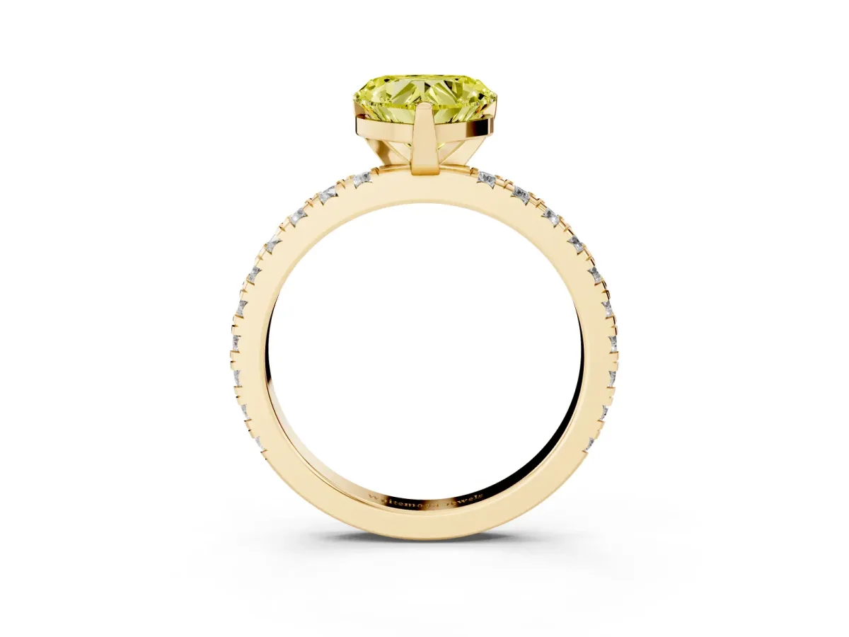 Fancy Yellow Heart Cut Diamond Pavé Band Solitaire with Four-Prong Setting Yellow gold