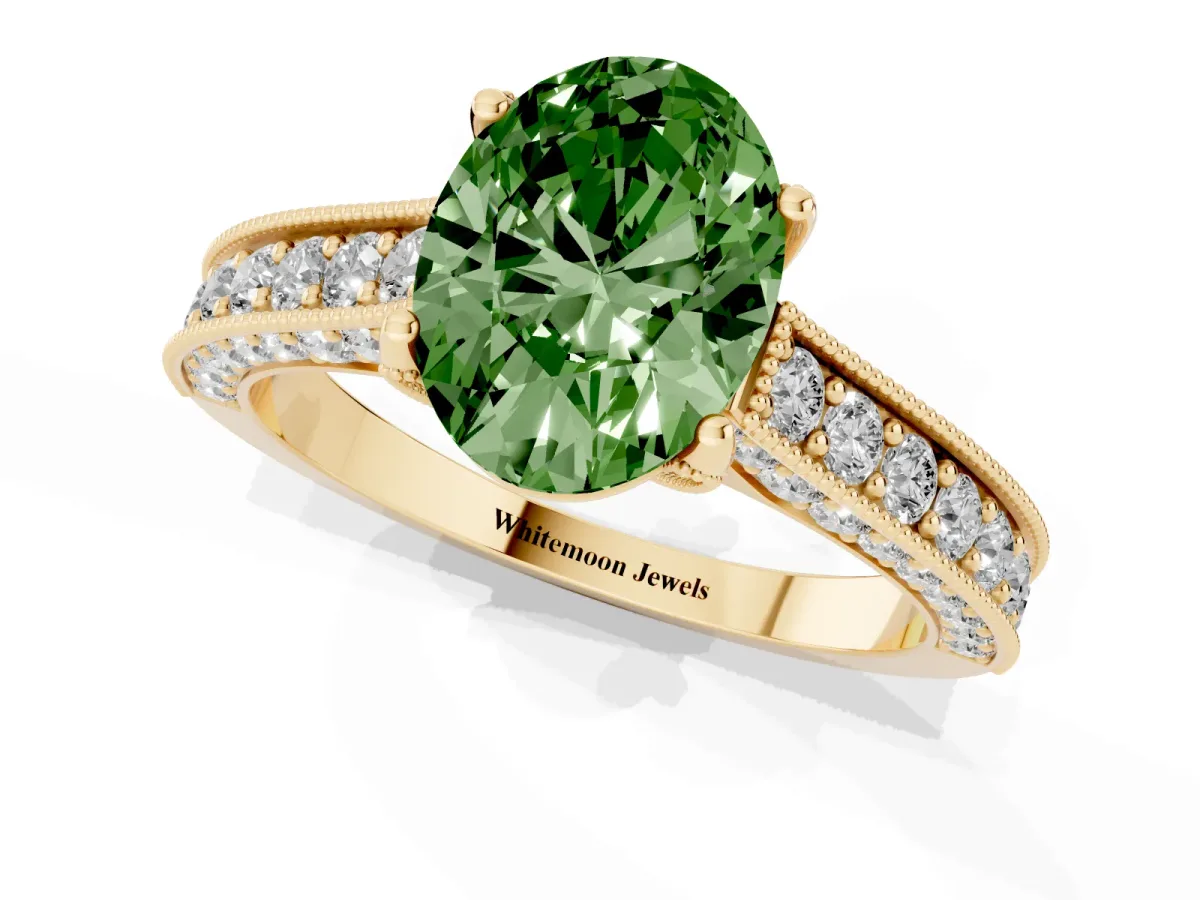 Fancy Green Oval Cut Cut Diamond Solitaire Ring with Milgrain Pave Band and Four Prong Setting Yellow gold
