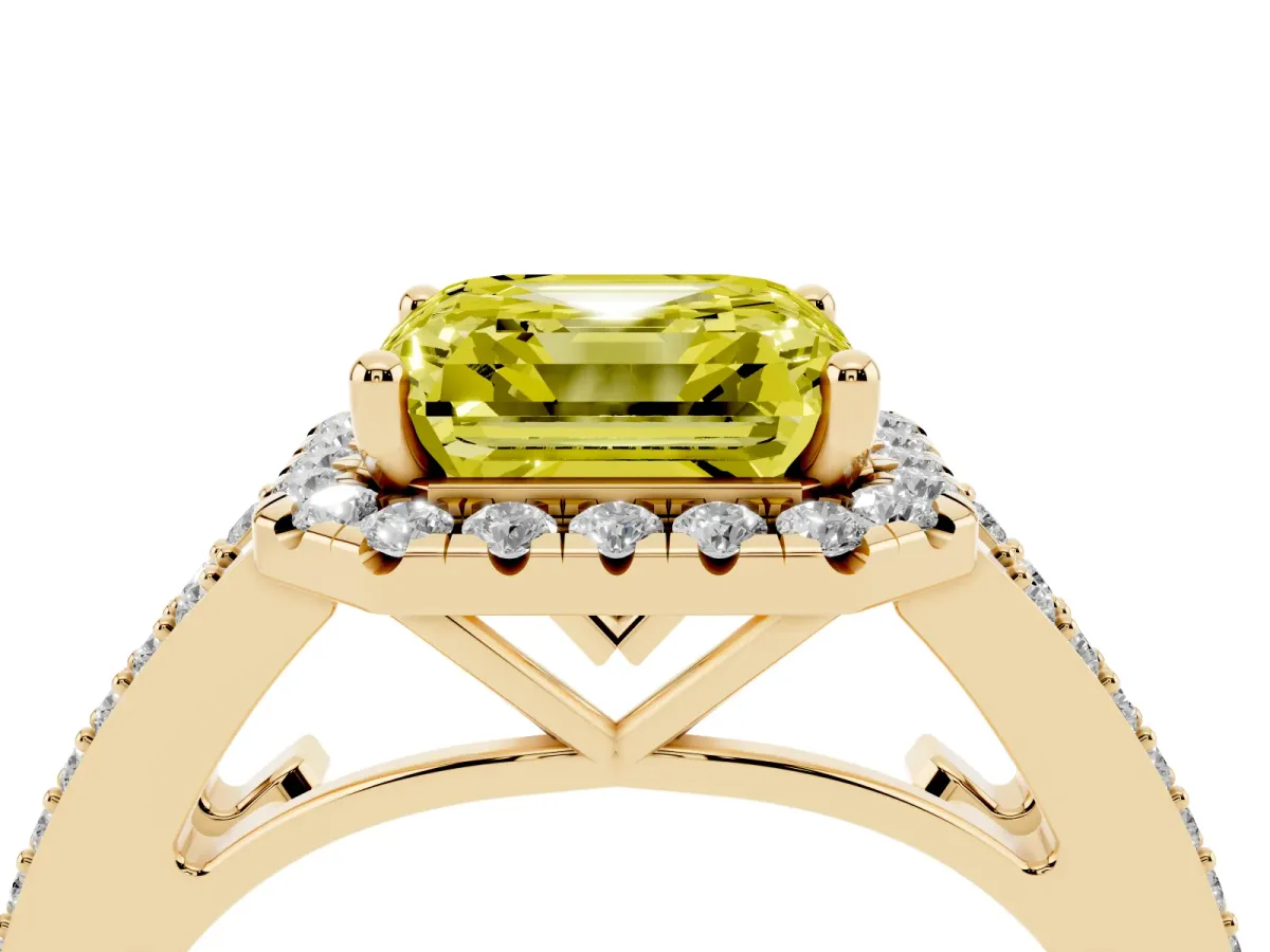 Fancy Yellow Asscher Cut Halo Split Shank Diamond Ring with Prong Setting Yellow gold