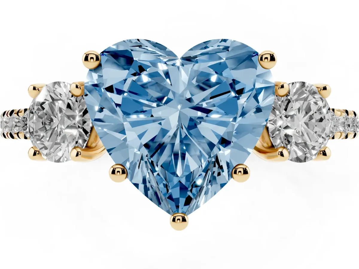 Fancy Blue Three-Stone Heart Cut Cut Diamond Pavé Band with Prong Setting Yellow gold