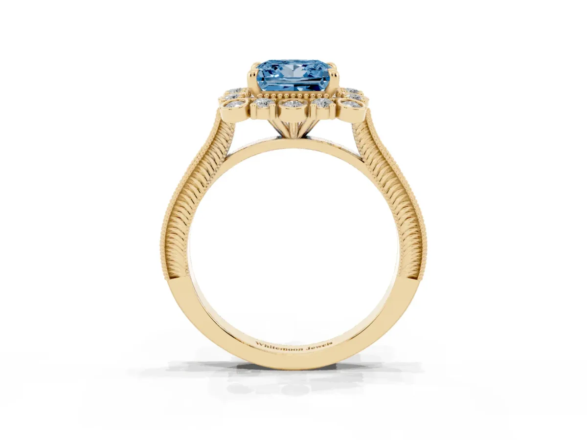 Fancy Blue Princess Cut Halo Milgrain Pave Diamond Ring with Four-Prong Setting Yellow gold