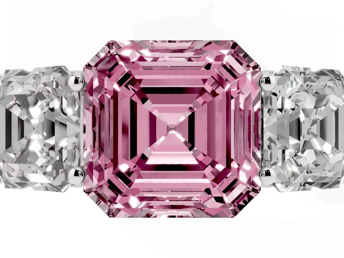 Fancy Pink Asscher Cut Three-Stone Diamond Ring with Prong Setting on a Classic Band Platinum