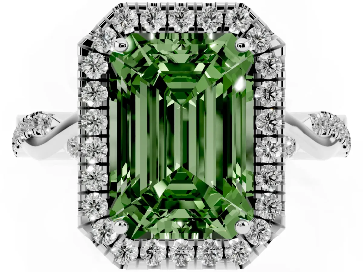 Fancy Green Emerald Cut Halo Twist Band Solitaire Ring Silver