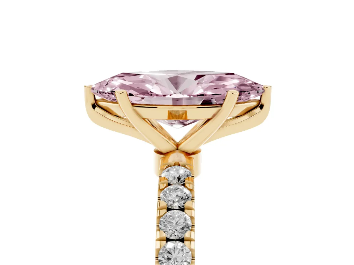 Fancy Pink Marquise Cut Diamond Solitaire Ring with Pavé Accents and Four-Prong Setting Yellow gold