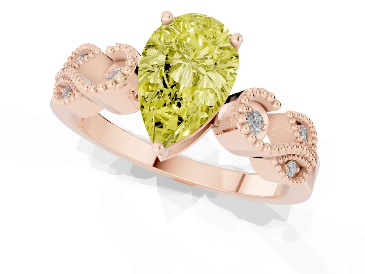 Fancy Yellow Pear Cut Solitaire Milgrain Leaf Band with Prong Setting Rose gold