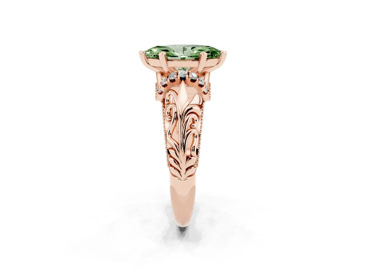 Fancy Green Marquise Cut Solitaire Filigree Engagement Ring with Halo and Prong Setting Rose gold