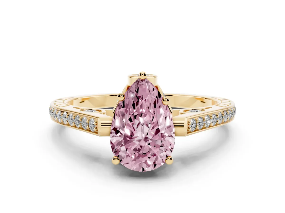 Fancy Pink Pear Cut Cut Cathedral Pave Diamond Engagement Ring with Six-Prong Setting Yellow gold