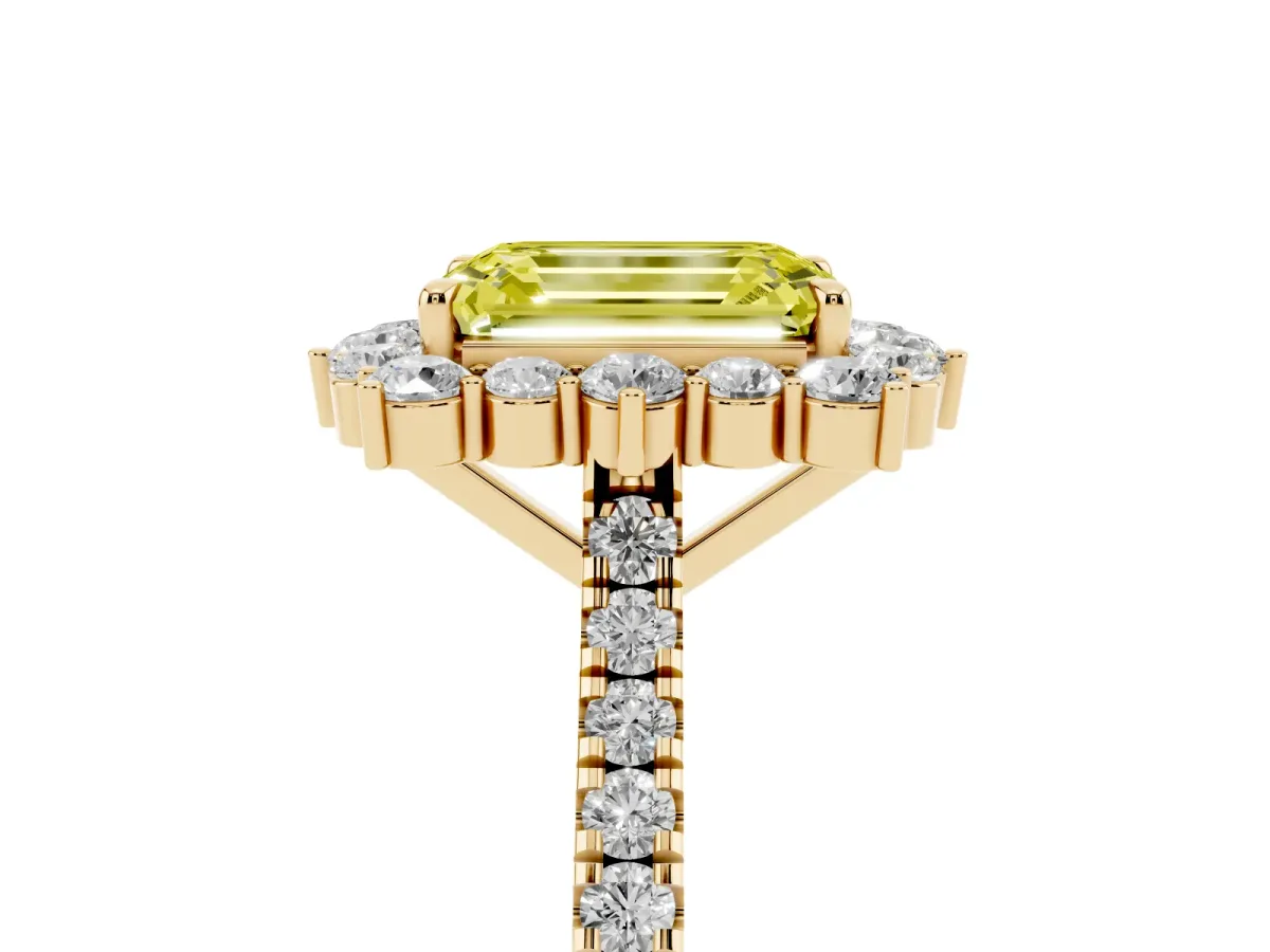 Fancy Yellow Emerald Cut Halo Diamond Ring with Pavé Band and Prong Setting Yellow gold