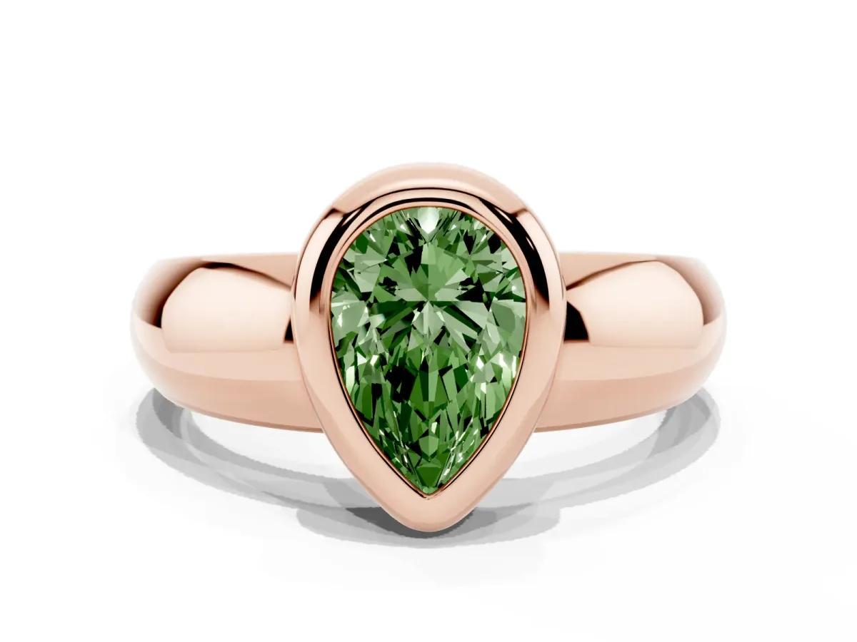 Fancy Green Bezel Set Pear Cut Solitaire Ring with Wide Band Rose gold