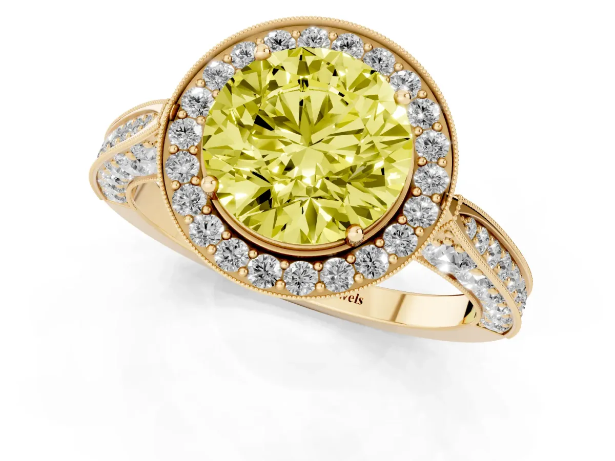 Fancy Yellow Round Cut Halo Diamond Engagement Ring with Split Shank Band and Four-Prong Setting Yellow gold