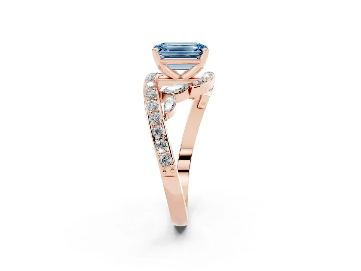 Fancy Blue Emerald Cut Solitaire with Pavé Twist Band and Four-Prong Setting Rose gold