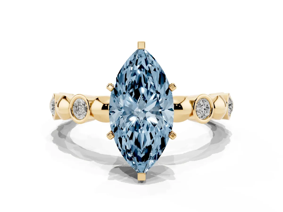 Fancy Blue Marquise Cut Solitaire Bezel-Set Diamond Ring with Beaded Band and Four-Prong Setting Yellow gold