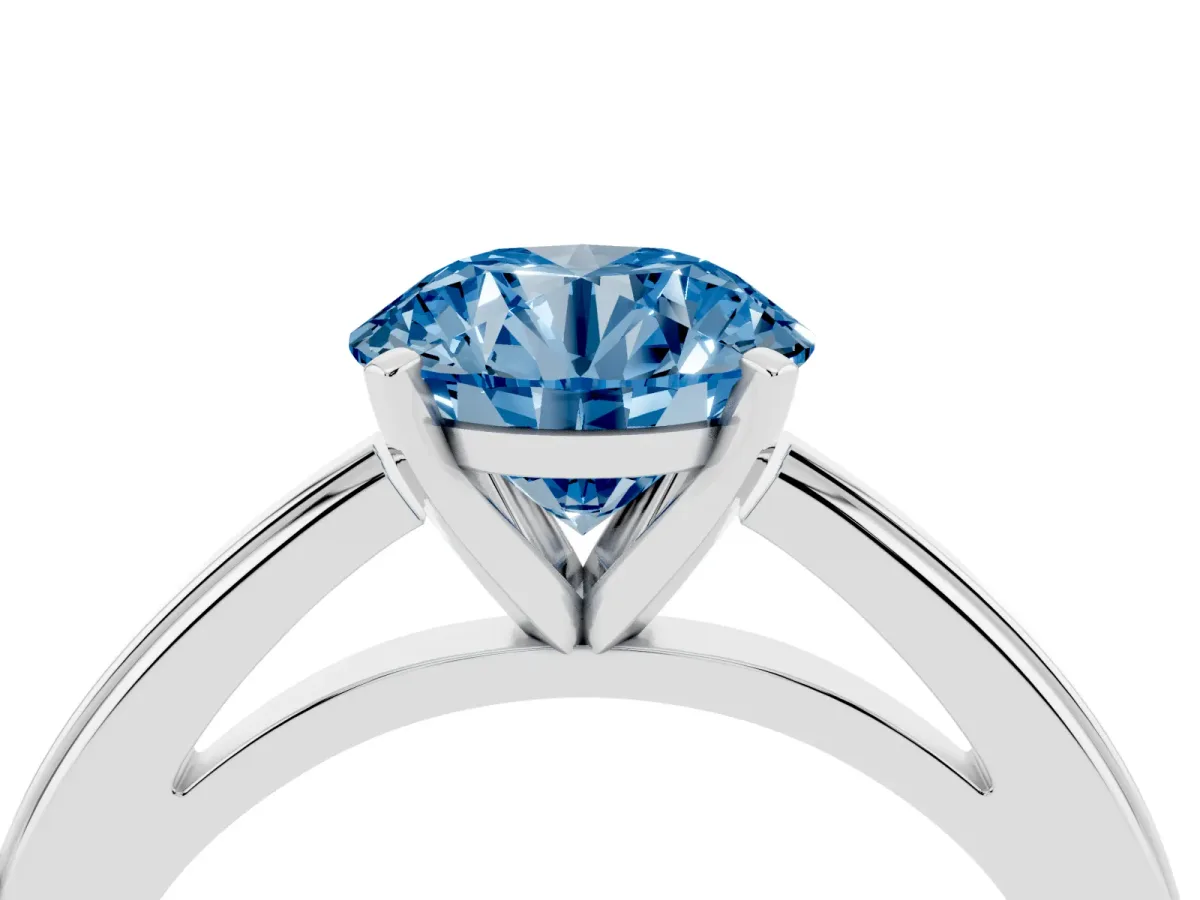 Fancy Blue Round Cut Solitaire Diamond Ring with Four-Prong Setting and Classic Band White gold