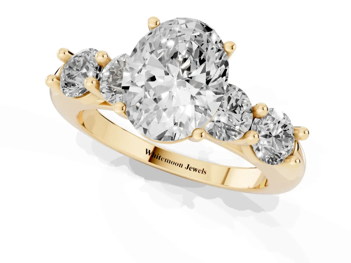 Oval Cut Cut Five-Stone Prong Set Diamond Ring with Classic Band Yellow gold