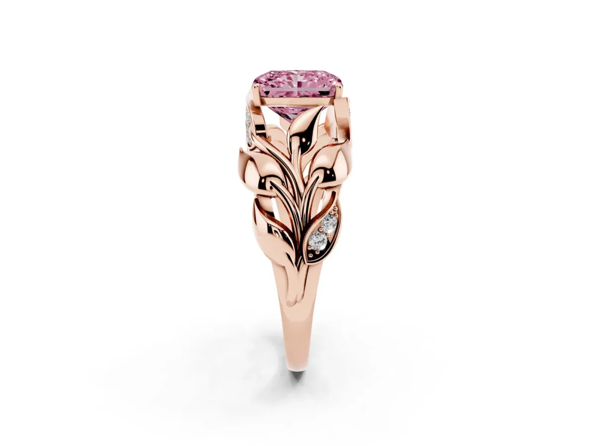 Fancy Pink Radiant Cut Diamond Leaf-Inspired Engagement Ring with Round Accents and Prong Setting Rose gold