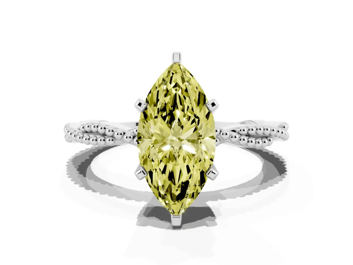 Fancy Yellow Marquise Cut Solitaire Twisted Band with Bead Prong Setting Silver