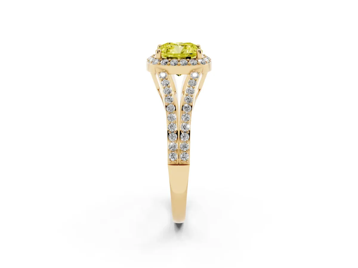 Fancy Yellow Cushion Cut Halo Split Shank Diamond Ring with Prong Setting Yellow gold