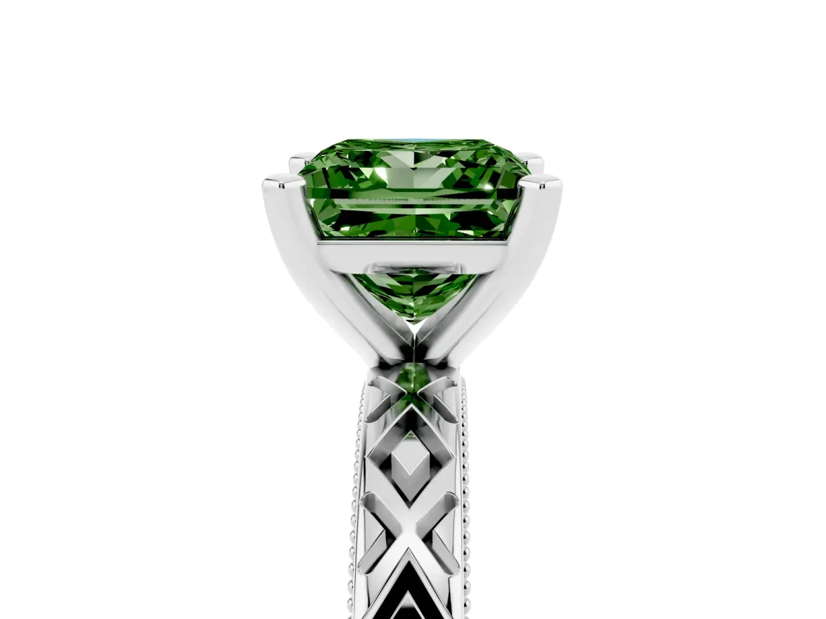 Fancy Green Princess Cut Solitaire Diamond Ring with Milgrain and Black Enamel X Pattern Band Silver