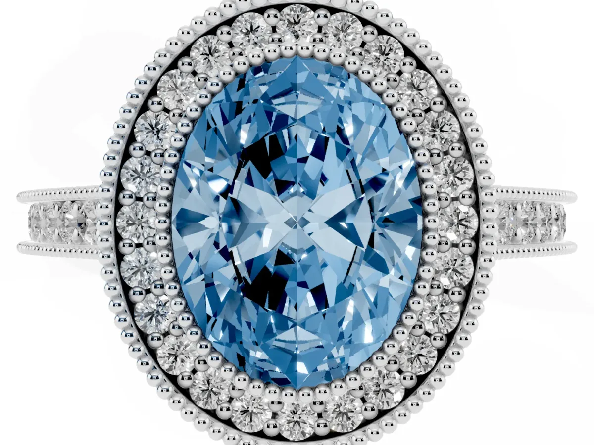 Fancy Blue Halo Oval Cut-Cut Diamond Pave Band Milgrain Prong Setting Ring Silver