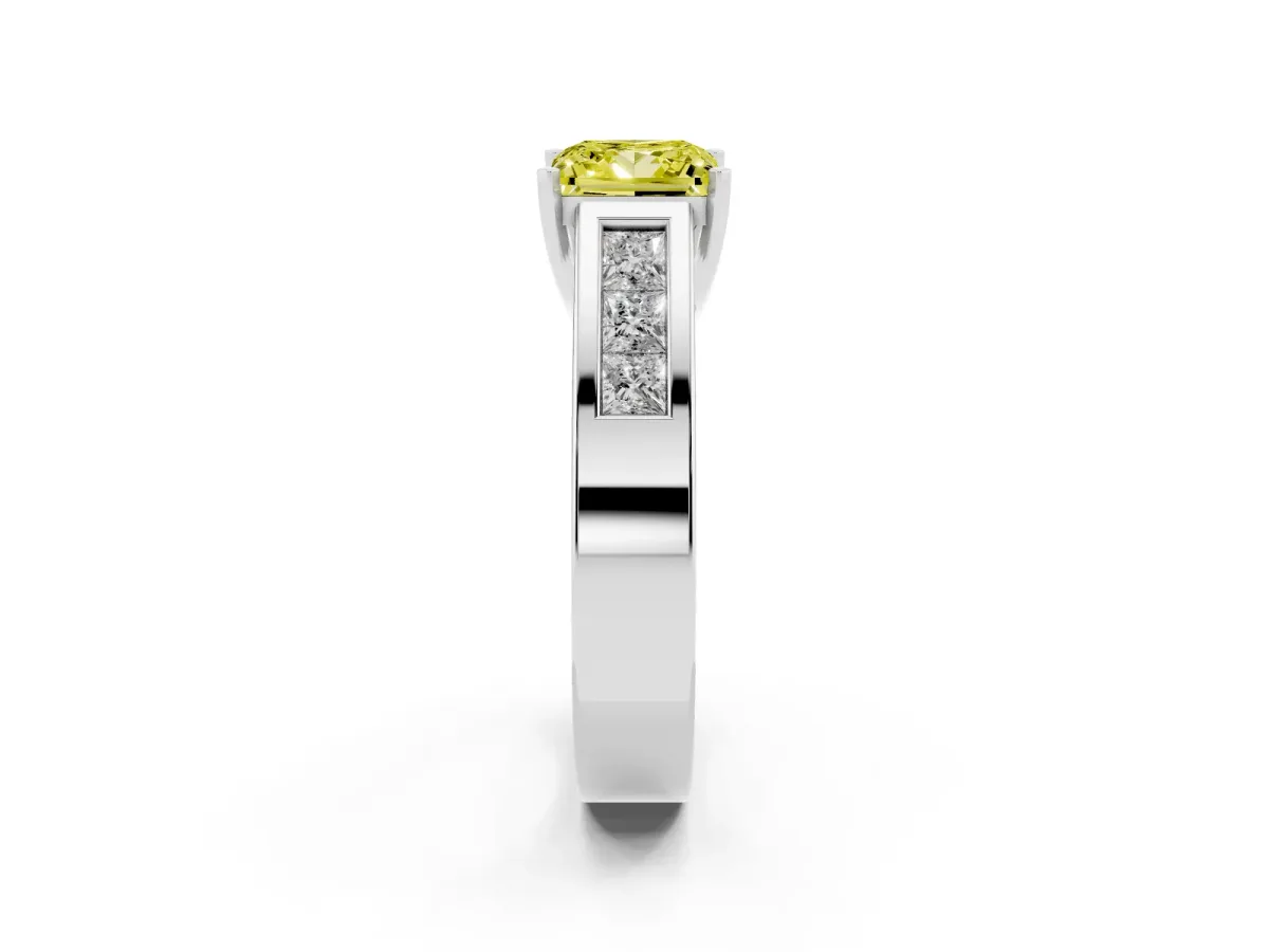 Fancy Yellow Princess Cut Cut Channel Set Solitaire Ring with Four-Prong Setting Platinum