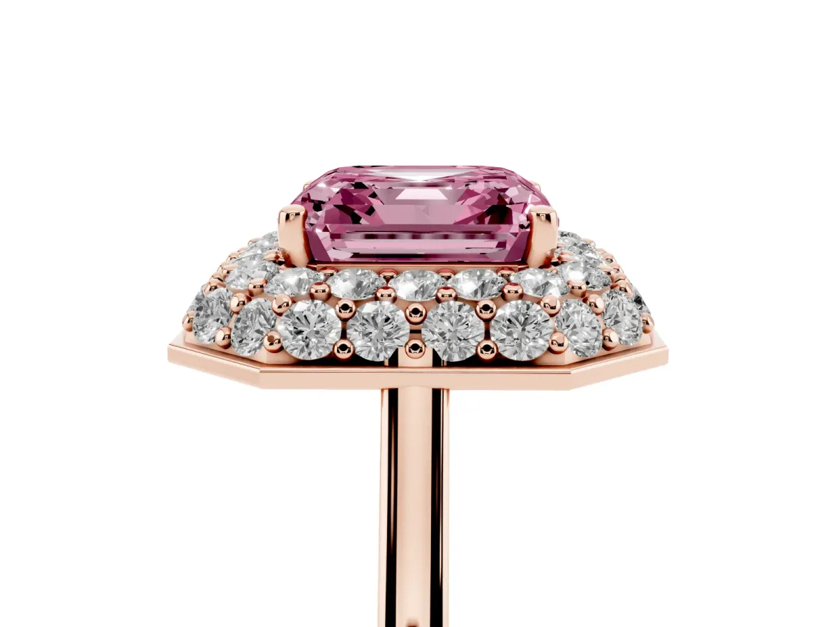 Fancy Pink Asscher Cut Halo Diamond Engagement Ring with Solitaire Band and Four-Prong Setting Rose gold