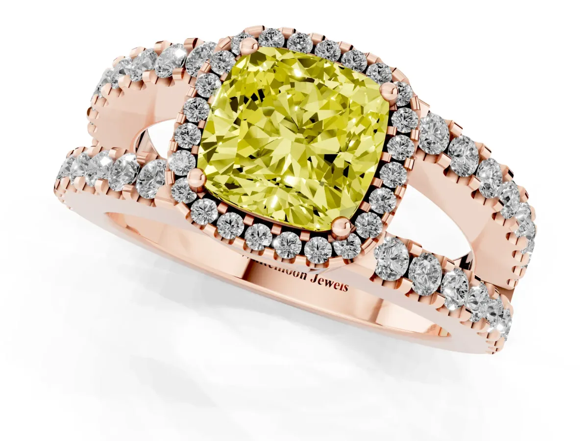 Fancy Yellow Cushion Cut Cut Halo Split Shank Diamond Ring with Four-Prong Setting Rose gold