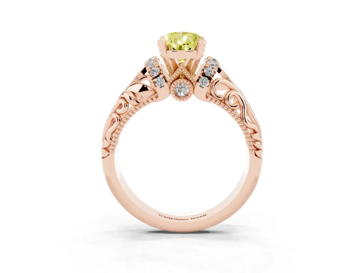Fancy Yellow Pear Cut Solitaire Filigree Engagement Ring with Halo and Prong Setting Rose gold
