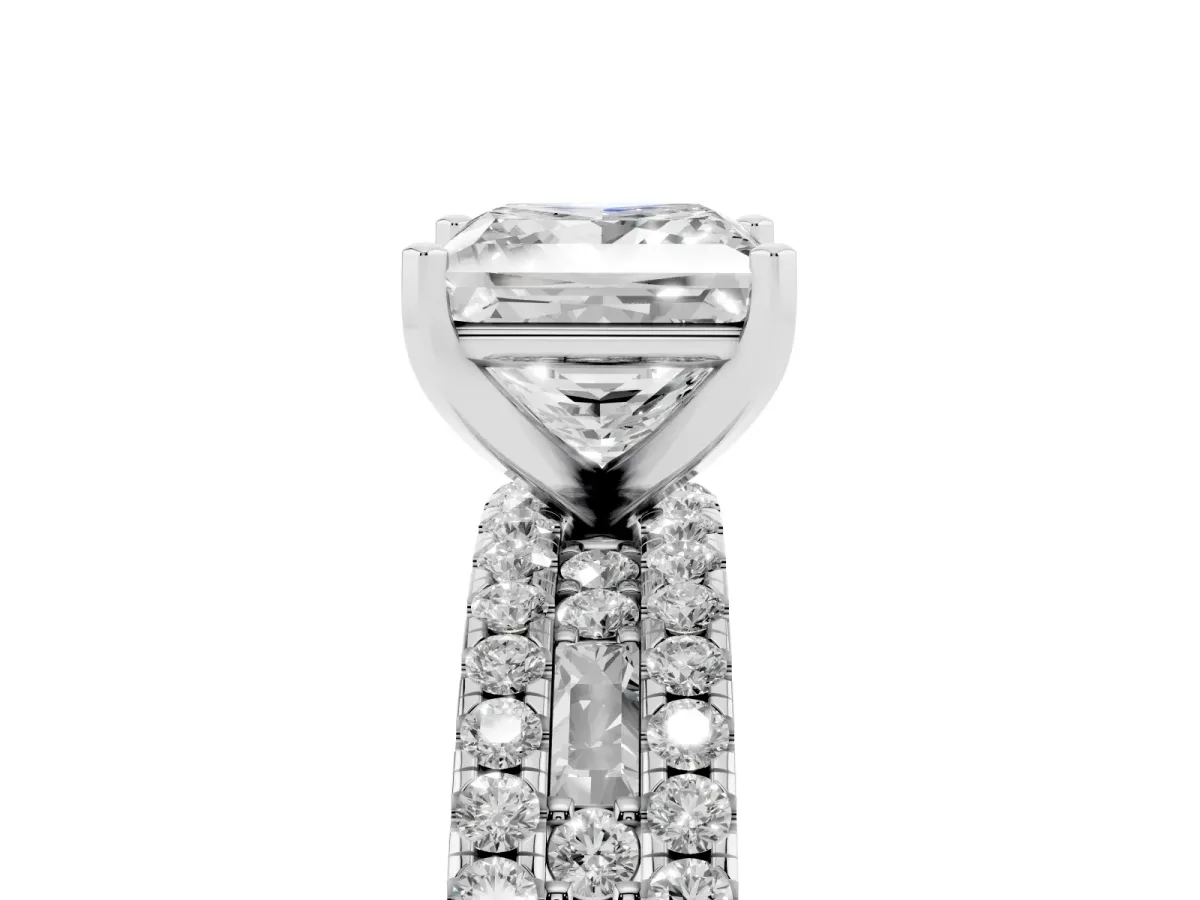 Princess Cut Diamond Solitaire Ring with Pavé and Channel Set Band Silver