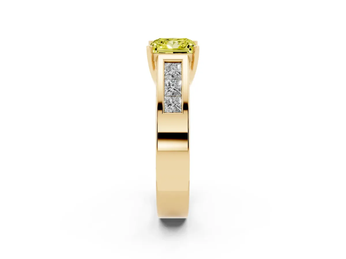 Fancy Yellow Princess Cut Cut Channel Set Solitaire Ring with Four-Prong Setting Yellow gold