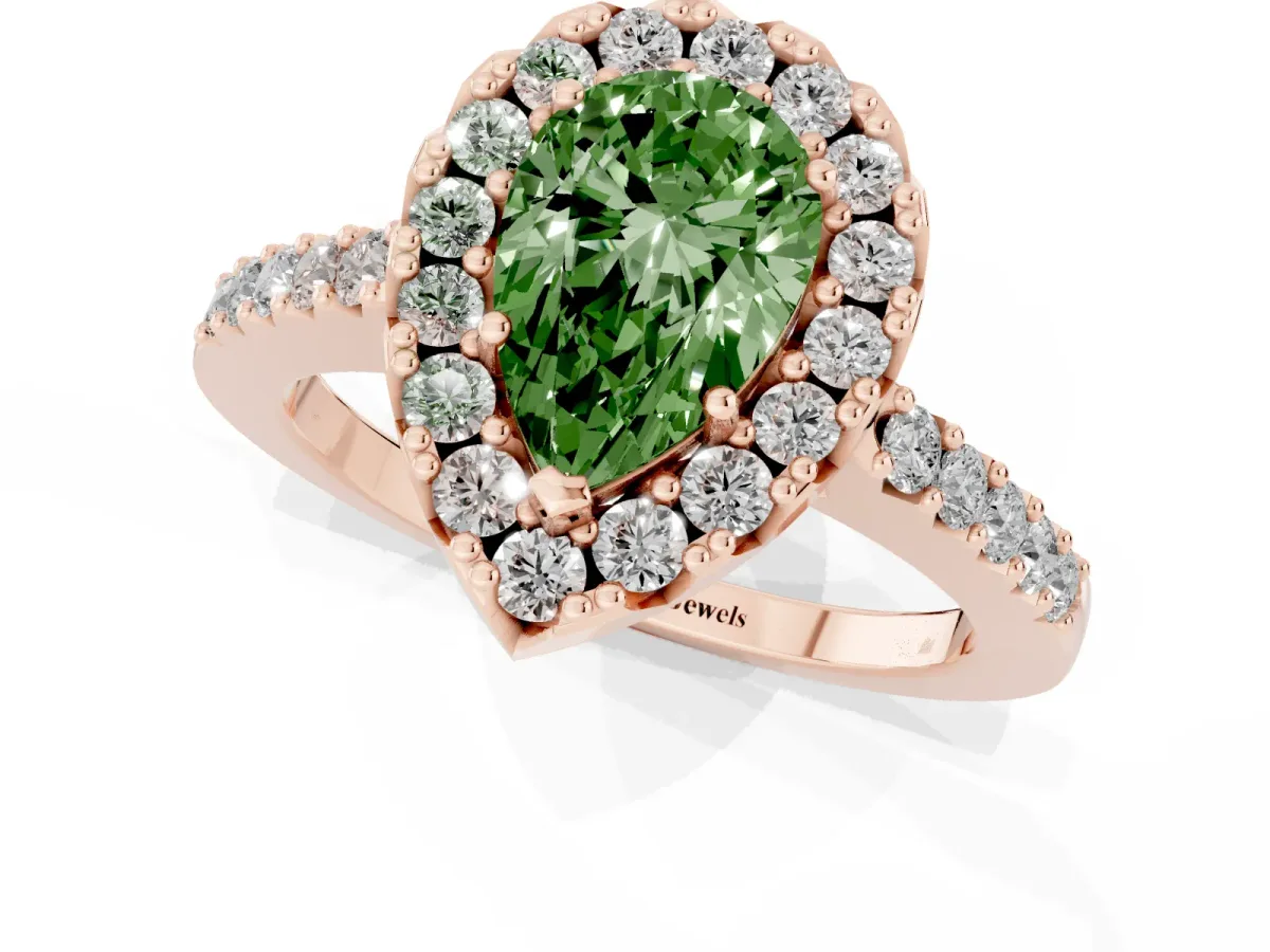 Fancy Green Pear Cut Halo Diamond Pavé Solitaire Ring Rose gold