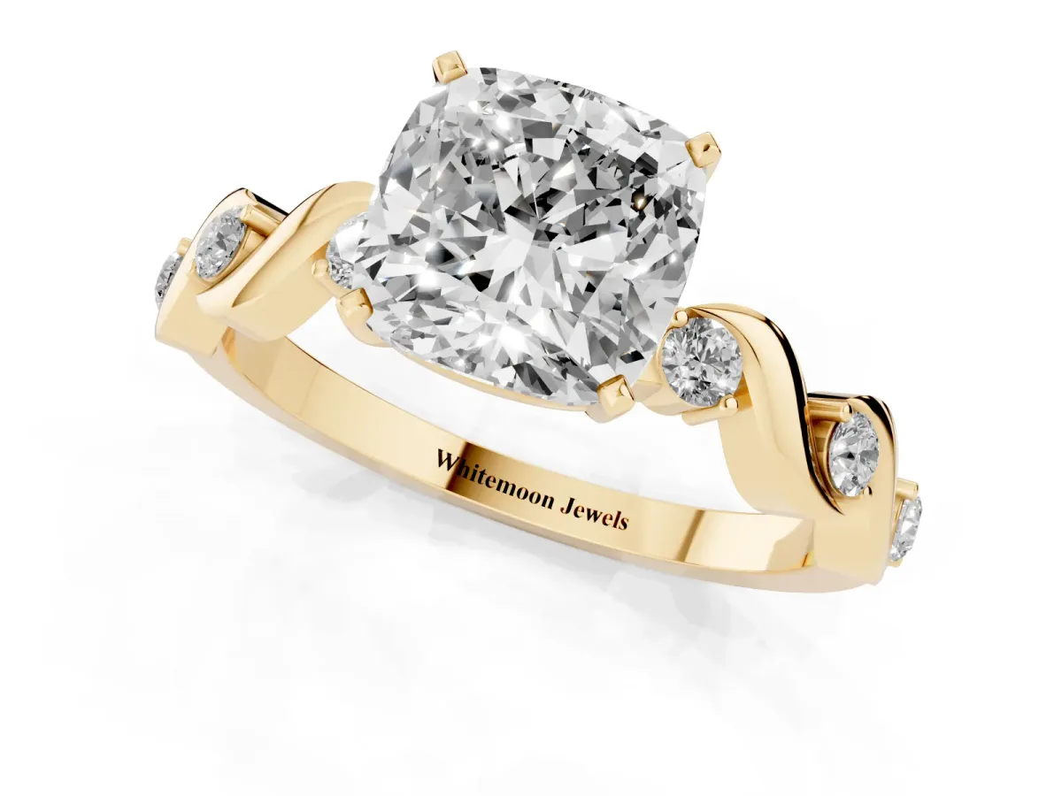 Cushion Cut Diamond Solitaire Twisted Band with Round Accents and Prong Setting Yellow gold