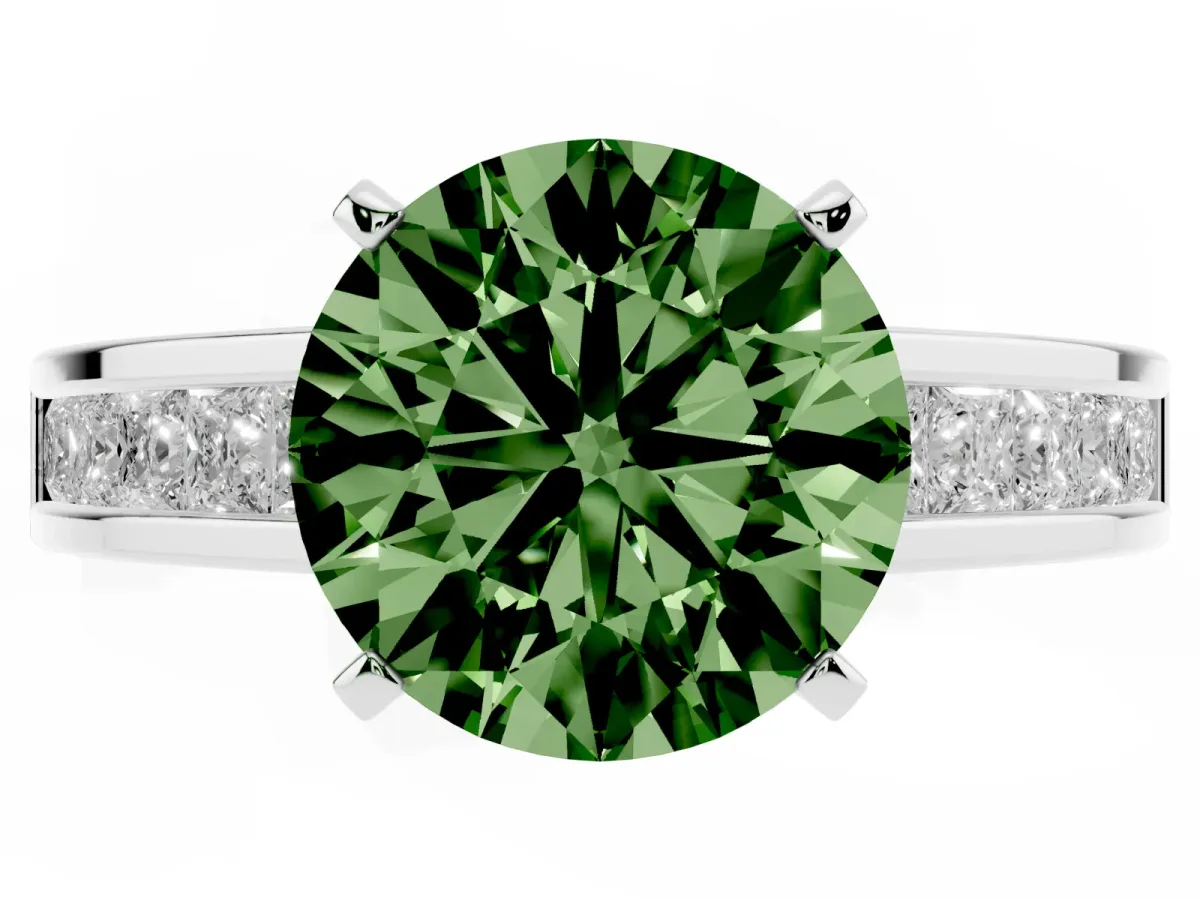 Fancy Green Round Cut Solitaire Diamond Ring with Channel-Set Band and Four-Prong Setting Silver