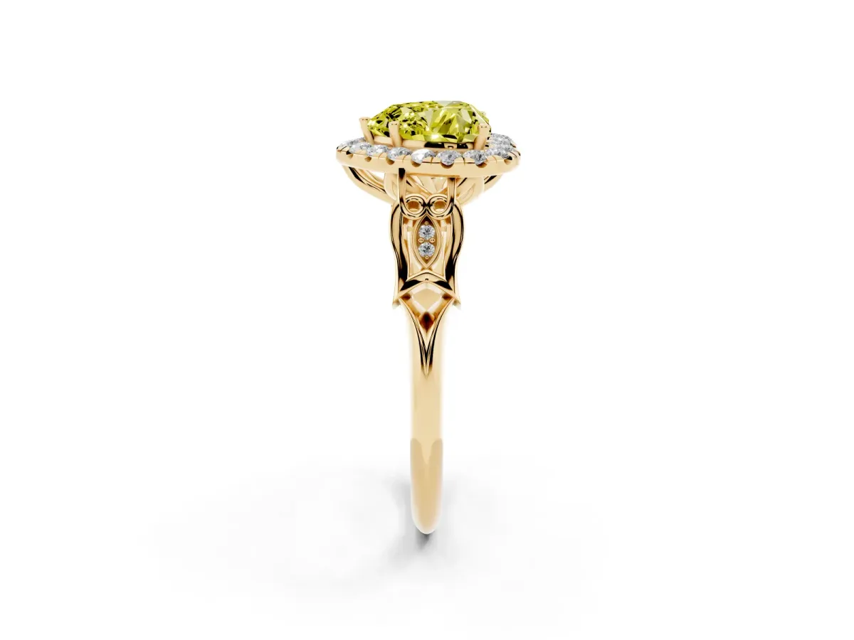 Fancy Yellow Heart Cut Halo Diamond Engagement Ring with Filigree Band and Four-Prong Setting Yellow gold