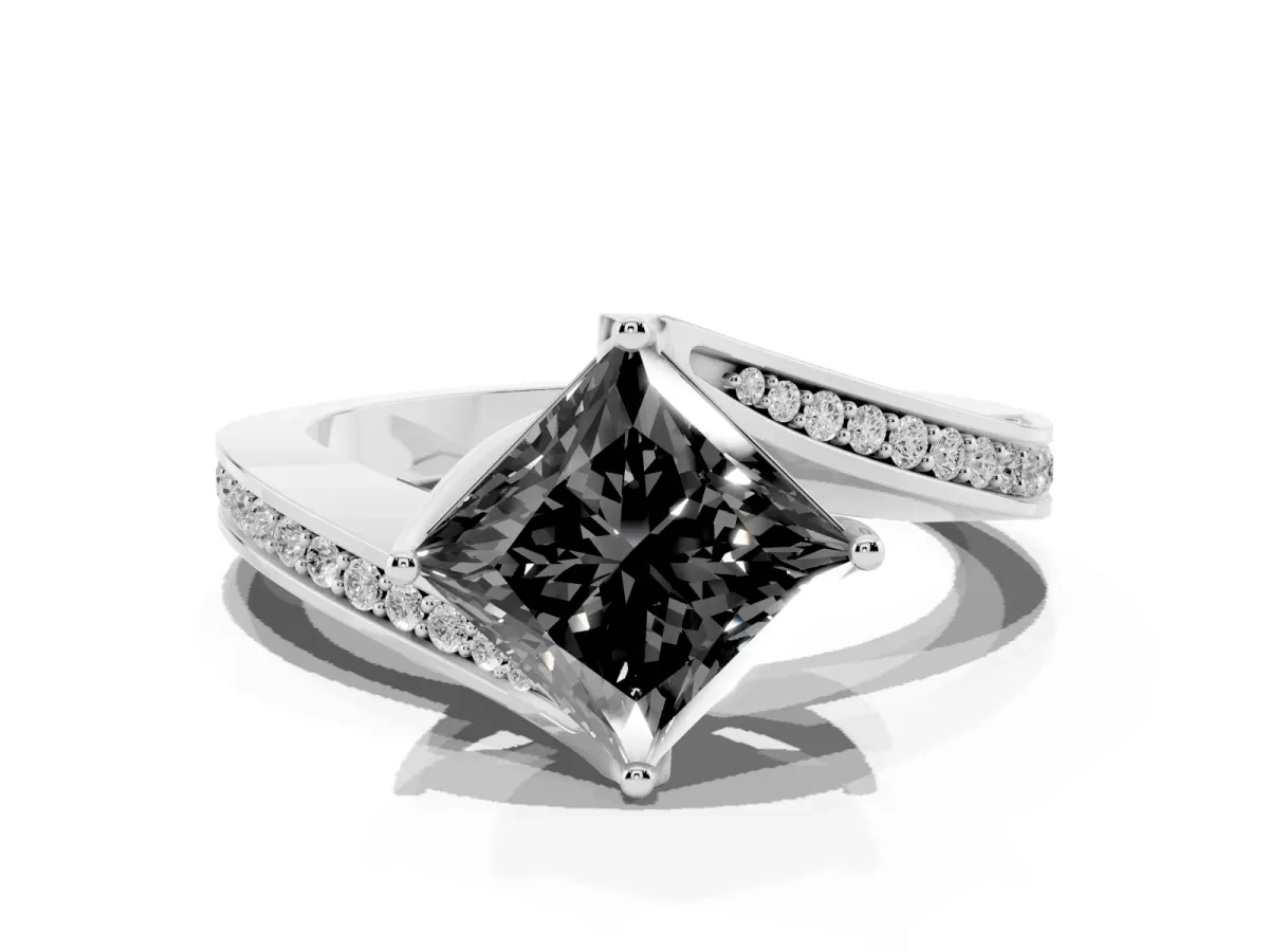 Fancy Black Princess Cut Solitaire Diamond Twist Band with Pavé Setting and Four-Prong Setting Platinum