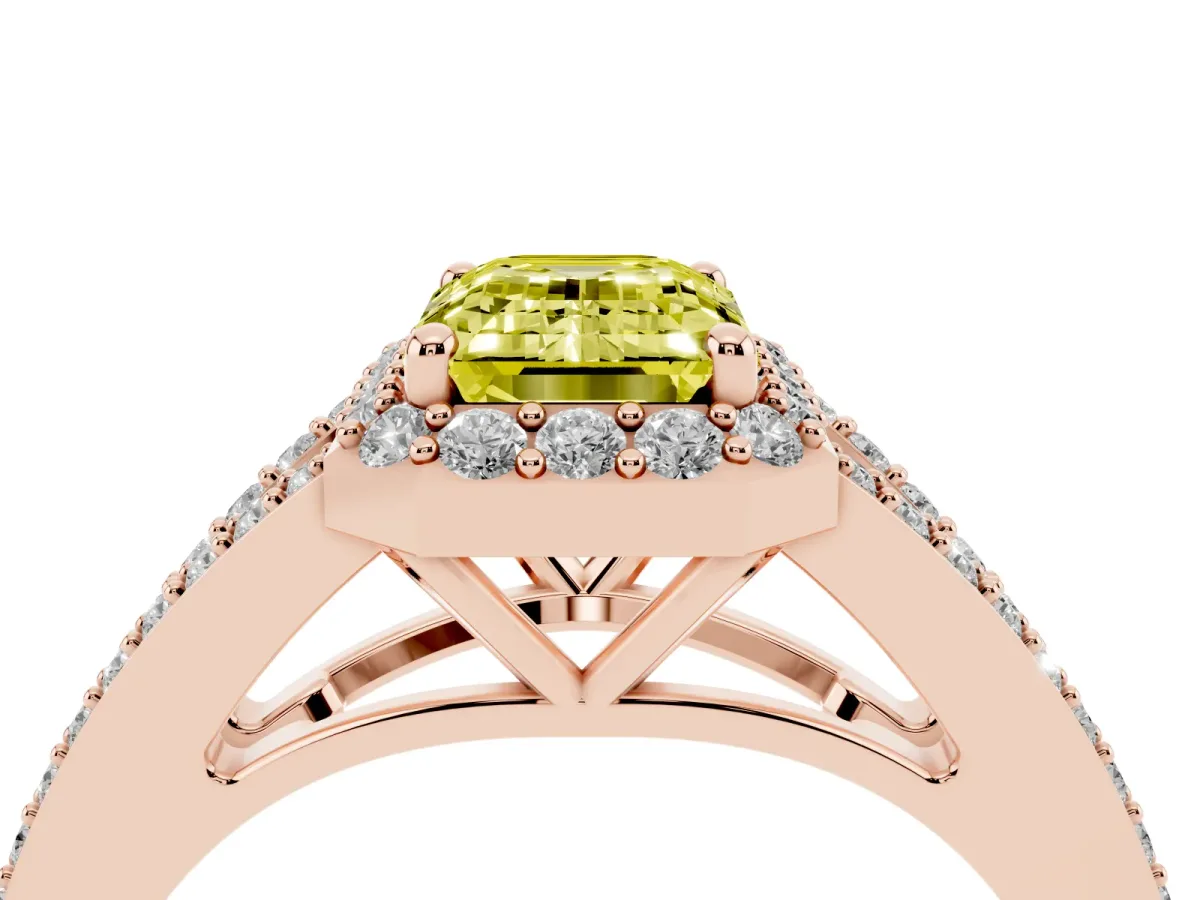 Fancy Yellow Emerald Cut Halo Split Shank Diamond Ring with Prong Setting Rose gold
