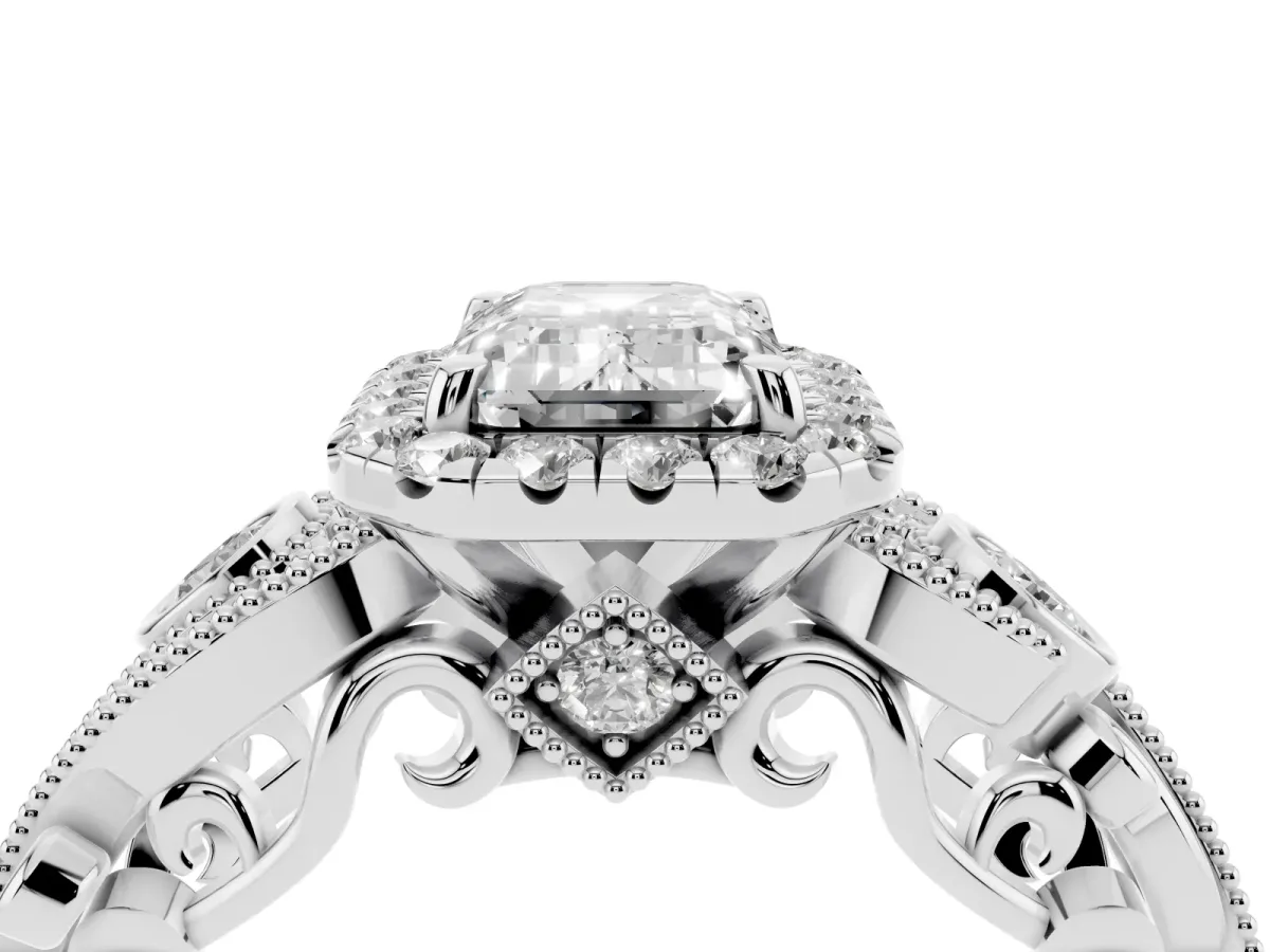 Emerald Cut Diamond Halo Ring with Milgrain Pavé Band and Four-Prong Setting White gold