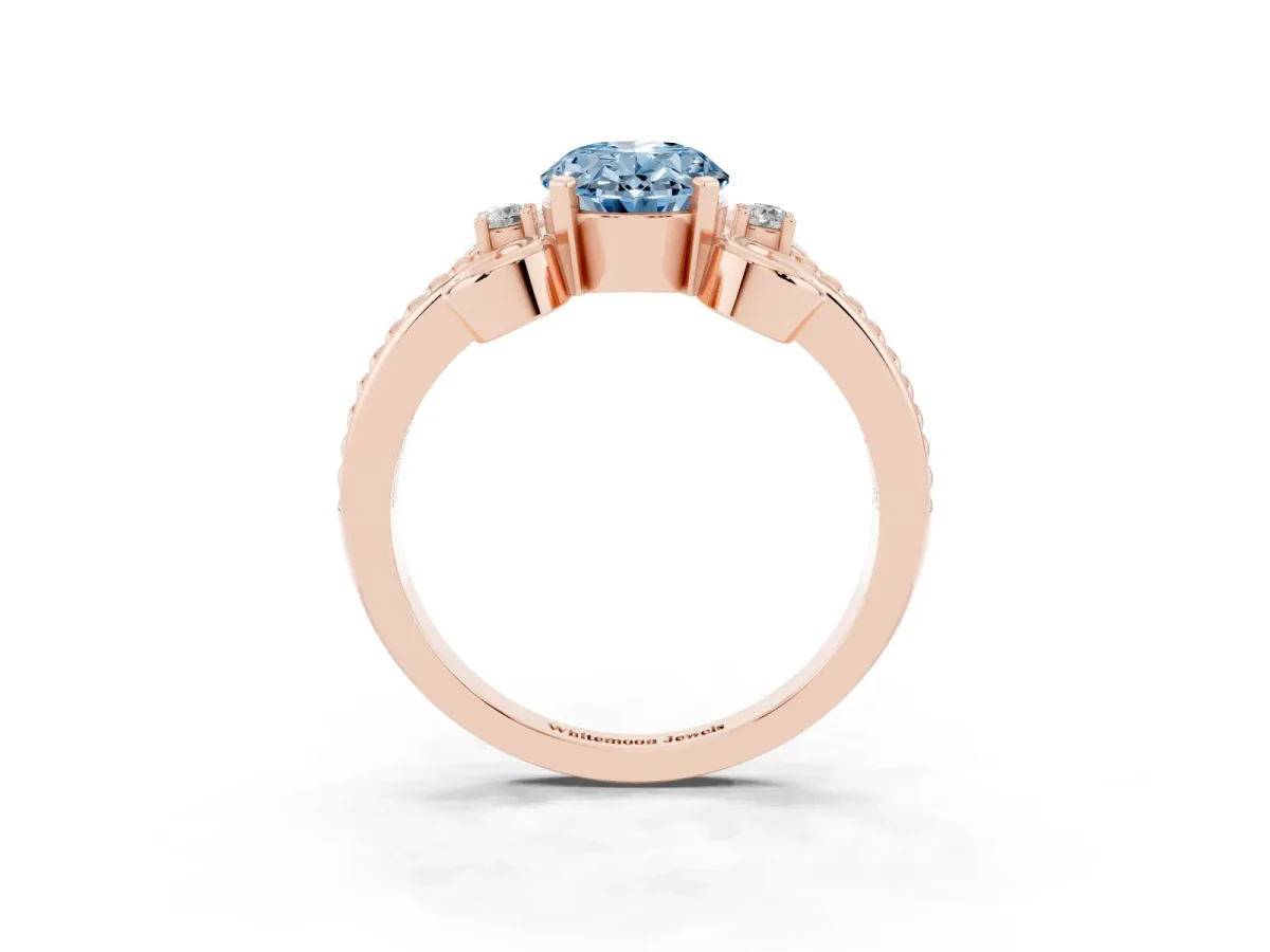 Fancy Blue Oval Cut Solitaire Twisted Band Scroll Prong Ring Rose gold