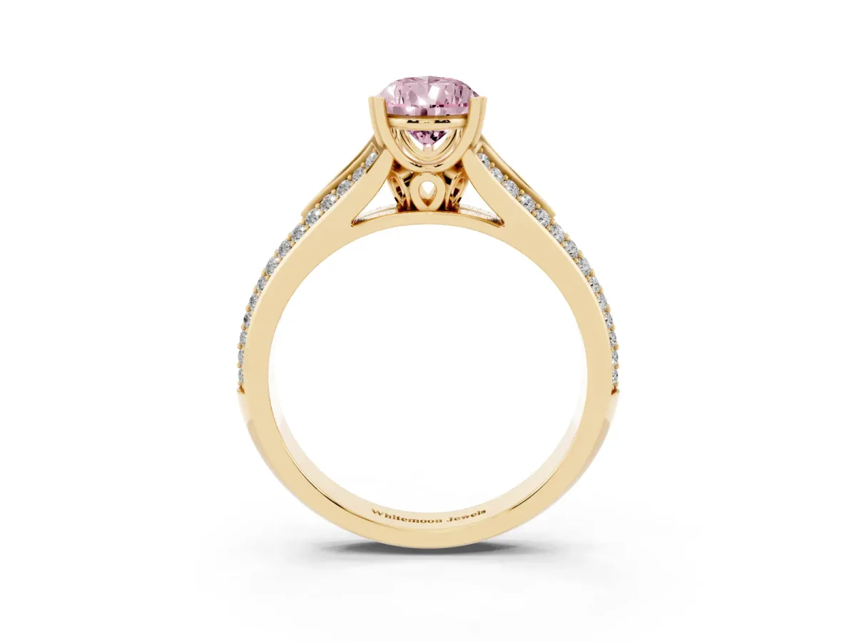 Fancy Pink Pear Cut Diamond Split Shank Engagement Ring with Pavé Band Yellow gold
