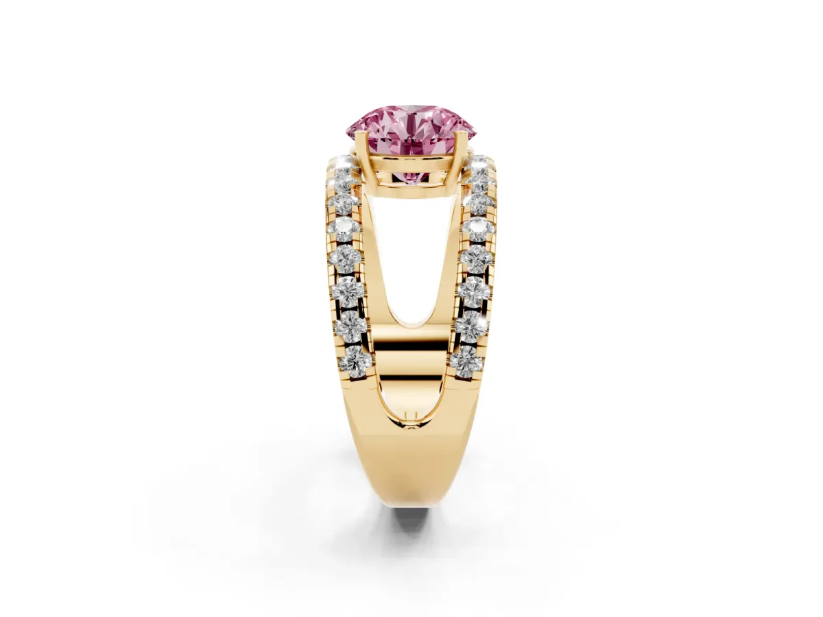 Fancy Pink Round Cut Solitaire Split Shank Pave Diamond Ring Yellow gold