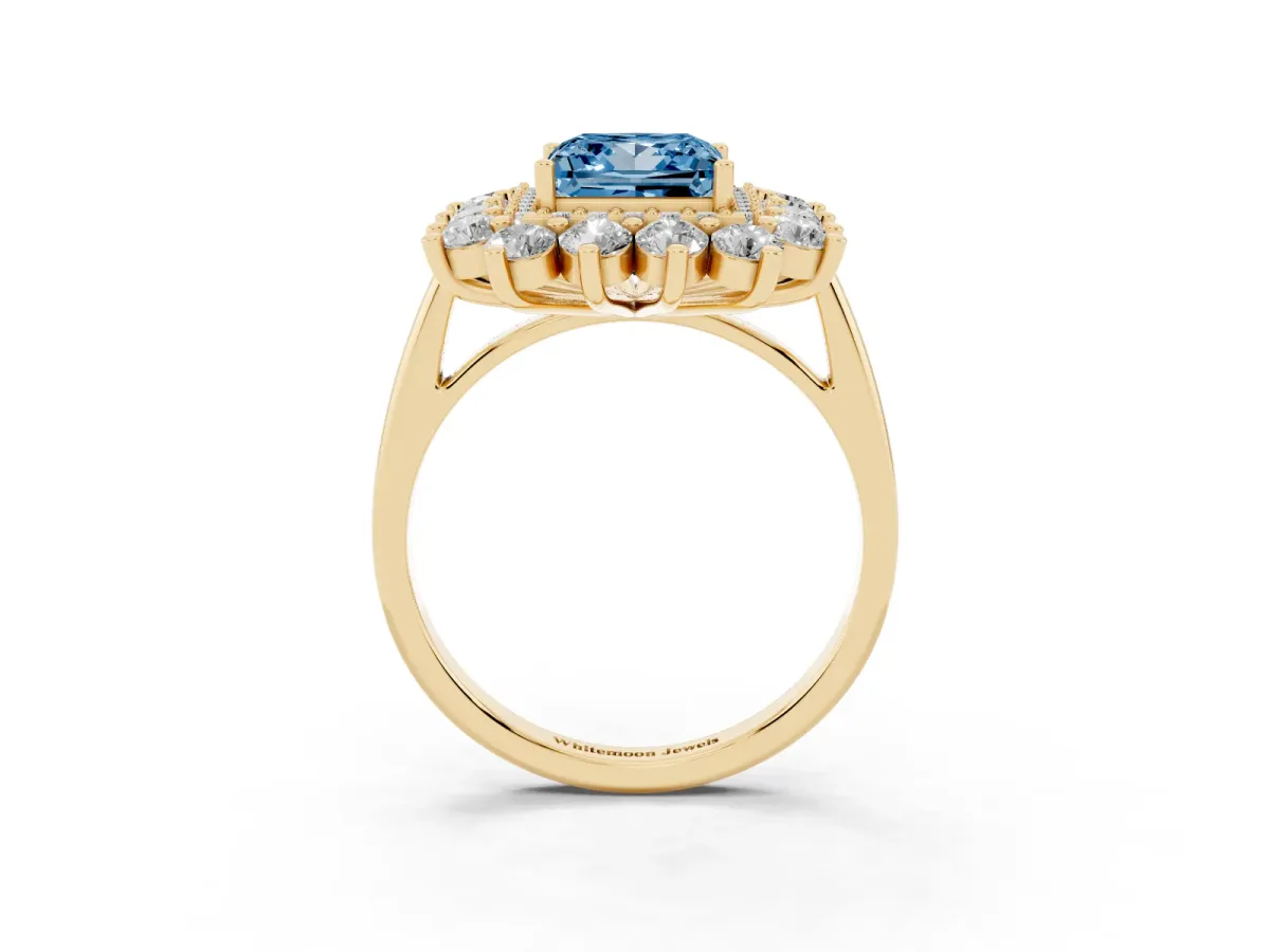 Fancy Blue Princess Cut Diamond Floral Double Halo Engagement Ring with Prong Setting Yellow gold