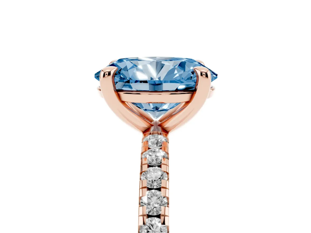 Fancy Blue Oval Cut Diamond Brilliant Solitaire Ring with Pavé Band and Four-Prong Setting Rose gold