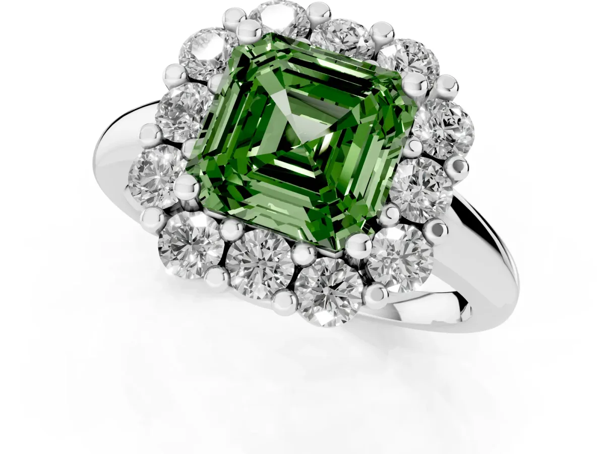 Fancy Green Asscher Cut Halo Cluster Diamond Engagement Ring with Prong Setting and Polished Band Platinum
