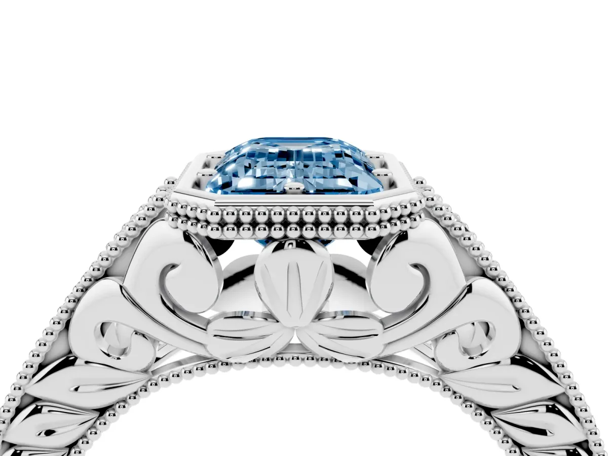 Fancy Blue Bezel Set Emerald Cut Diamond Milgrain Pave Engagement Ring Platinum