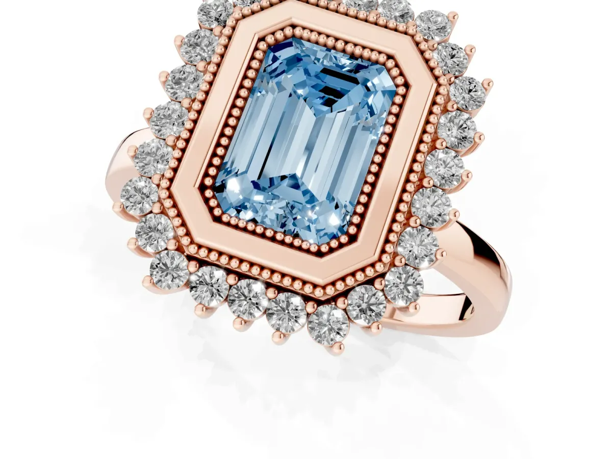 Fancy Blue Emerald Cut Halo Diamond Ring with Milgrain Edge and Round Prong Setting Rose gold